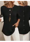 Kadın Uzun Kollu Yuvarlak Yaka Arkadan Düğmeli Waffle Bluz