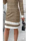 Kadın Uzun Kollu Yuvarlak Yaka Etek Ucu şerit Detaylı Mini Dokuma Elbise