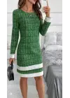Kadın Uzun Kollu Yuvarlak Yaka Etek Ucu şerit Detaylı Mini Dokuma Elbise