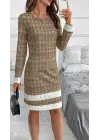 Kadın Uzun Kollu Yuvarlak Yaka Etek Ucu şerit Detaylı Mini Dokuma Elbise