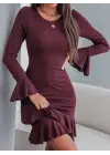 Kadın Uzun Kollu Yuvarlak Yaka Fırfırlı Kol Ucu Volanlı Janjan Krep Mini Elbise