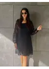 Kadın Uzun Kollu Yuvarlak Yaka Kol Ve Etek Ucu Dantelli Kısa Ithal Krep Elbise