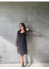 Kadın Uzun Kollu Yuvarlak Yaka Kol Ve Etek Ucu Dantelli Kısa Ithal Krep Elbise
