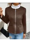 Kadın Uzun Kollu Yuvarlak Yaka önden Fermuarlı Süet Ceket