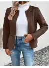 Kadın Uzun Kollu Yuvarlak Yaka önden Fermuarlı Süet Ceket