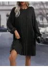 Kadın Uzun Kollu Yuvarlak Yaka Pileli Salaş Mini Ithal Krep Elbise