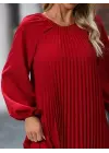 Kadın Uzun Kollu Yuvarlak Yaka Pileli Salaş Mini Ithal Krep Elbise
