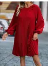 Kadın Uzun Kollu Yuvarlak Yaka Pileli Salaş Mini Ithal Krep Elbise