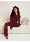 Kadın Uzun Kollu Yuvarlak Yaka Yandan Yırtmaç Detaylı şardonlu Kaşkorse Bluz Ve Pantolon Ikili Takım