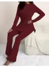 Kadın Uzun Kollu Yuvarlak Yaka Yandan Yırtmaç Detaylı şardonlu Kaşkorse Bluz Ve Pantolon Ikili Takım