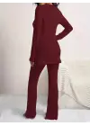 Kadın Uzun Kollu Yuvarlak Yaka Yandan Yırtmaç Detaylı şardonlu Kaşkorse Bluz Ve Pantolon Ikili Takım