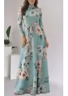 Kadın Uzun Kollu Yuvarlak Yakalı Beli Kuşaklı Desenli Süprem Uzun Elbise