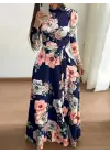 Kadın Uzun Kollu Yuvarlak Yakalı Beli Kuşaklı Desenli Süprem Uzun Elbise