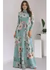 Kadın Uzun Kollu Yuvarlak Yakalı Beli Kuşaklı Desenli Süprem Uzun Elbise