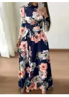 Kadın Uzun Kollu Yuvarlak Yakalı Beli Kuşaklı Desenli Süprem Uzun Elbise