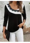 Kadın Uzun Kollu Yuvarlak Yakalı çift Renkli Dantel Detaylı Viskon Bluz