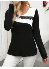 Kadın Uzun Kollu Yuvarlak Yakalı çift Renkli Dantel Detaylı Viskon Bluz