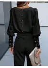 Kadın Uzun Kollu Yuvarlak Yakalı Düğmeli Ithal Krep Bluz