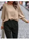Kadın Uzun Kollu Yuvarlak Yakalı Düğmeli Ithal Krep Bluz