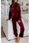 Kadın Uzun Kollu Yuvarlak Yakalı Kadife Bluz Ve Pantolon Takım