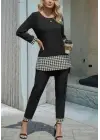 Kadın Uzun Kollu Yuvarlak Yakalı Kaz Ayağı Detaylı Viskon Iki Iplik Bluz Ve Pantolon Ikili Takım