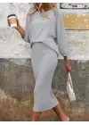 Kadın Uzun Kollu Yuvarlak Yakalı şardonlu Kaşkorse Bluz Ve Etek Ikili Takım