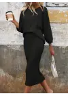 Kadın Uzun Kollu Yuvarlak Yakalı şardonlu Kaşkorse Bluz Ve Etek Ikili Takım