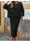 Kadın Uzun Kollu Yuvarlak Yakalı şardonlu Kaşkorse Bluz Ve Etek Ikili Takım