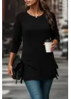 Kadın Uzun Kollu Yuvarlak Yakalı Yanlardan Bağcıklı Triko Bluz