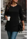 Kadın Uzun Kollu Yuvarlak Yakalı Yanlardan Bağcıklı Triko Bluz