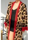 Omarı Zarif Leopar Desenli Uzun Hırka - Camel-Kırmızı