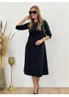 Kadın Uzun Truvakar Kol Bisiklet Yaka Midi Modal Elbise