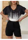 Kadın V Yaka Kısa Kol Kenarları Minik Yırtmaç Detaylı Dalgıç Bluz + Düğme Detaylı Dalgıç şort