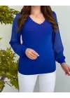 Kadın V Yaka Kolları Dökümlü Tül Detay Triko Bluz