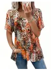 Omarı Renkli Leopar Desenli V Yaka Bluz