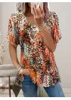 Omarı Renkli Leopar Desenli V Yaka Bluz
