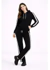 KADIN Yandan Şeritli Eşofman Takım Kapüşonlu Sweatshirt Boru Paça Alt, Oversize 3 Iplik Pamuklu - Siyah
