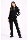KADIN Yandan Şeritli Eşofman Takım Kapüşonlu Sweatshirt Boru Paça Alt, Oversize 3 Iplik Pamuklu - Siyah