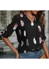 Kadın Yaprak Baskı Ayarlanabilir Truvakar Kol Süper Soft Bluz