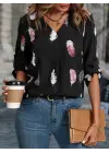 Kadın Yaprak Baskı Ayarlanabilir Truvakar Kol Süper Soft Bluz