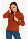 KADIN Yarım Fermuarlı Triko Kazak – Selanik Örgü, Dik Yaka, Pamuklu Dokuma, Oversize Uzun Kollu Kışlık Model - Kiremit