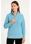 KADIN Yarım Fermuarlı Triko Kazak – Selanik Örgü, Dik Yaka, Pamuklu Dokuma, Oversize Uzun Kollu Kışlık Model - Bebe Mavisi