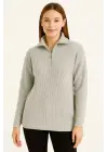 KADIN Yarım Fermuarlı Triko Kazak – Selanik Örgü, Dik Yaka, Pamuklu Dokuma, Regular Fit Uzun Kollu Kışlık Model - Gri