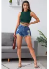Omarı Modern Yeşil Çapraz Bağlamalı Crop Top