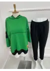 Kadın Yeşil Kapşonlu Etek Ucu Detay Arma Ters Dikiş Gorunumlu Ikili Takım