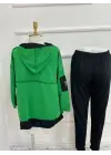 Kadın Yeşil Kapşonlu Etek Ucu Detay Arma Ters Dikiş Gorunumlu Ikili Takım