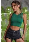 Omarı Yeşil Kare Yaka Crop Top Bluz