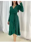 Kadın Yeşil Krep Kumaş Midi Boy Kuşaklı Uzunkol Elbise