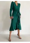 Omarı Yeşil Krep Kumaş Midi Boy Elbise
