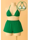 Omarı Yeşil Şortlu Bağlamalı Bikini Takımı
